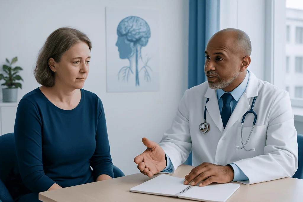 Doctor consulting with a female patient in a medical office.