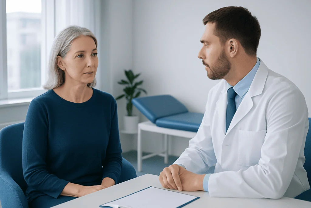 Doctor consulting with an older female patient in a medical office.