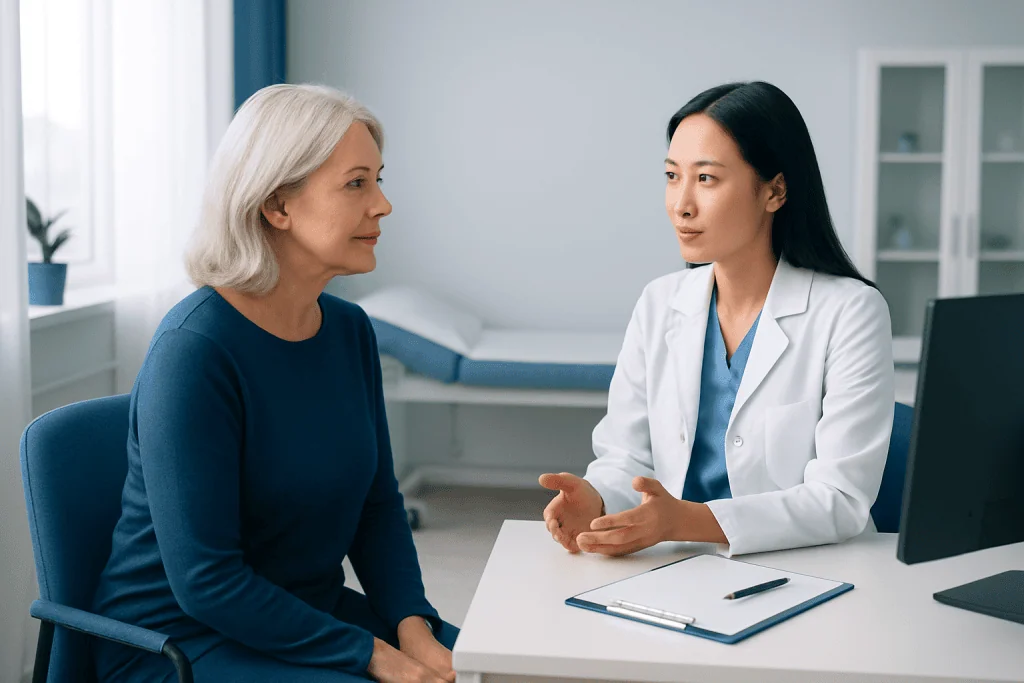 Doctor consulting with an elderly woman in a medical office.