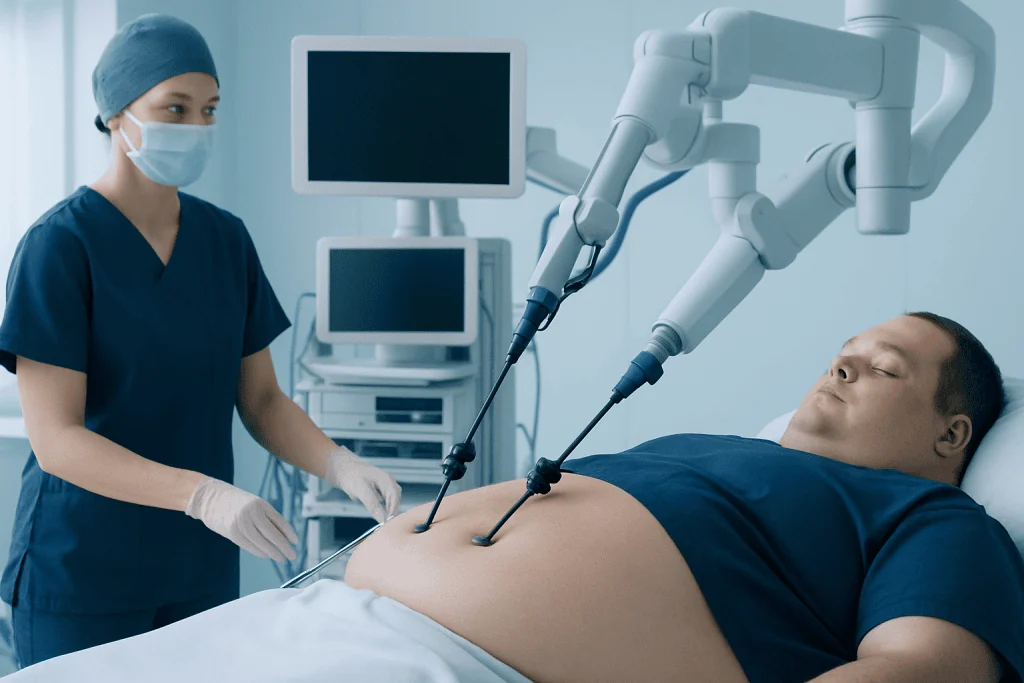 Laparoscopic bariatric surgery being performed by a medical team at Acibadem Hospital.