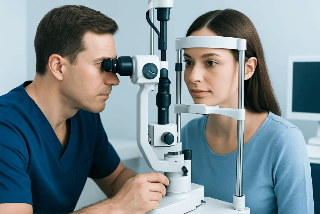 Optometrist examining woman's eyes with slit lamp in clinic.
