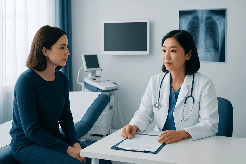 Doctor consulting with patient in a medical examination room.