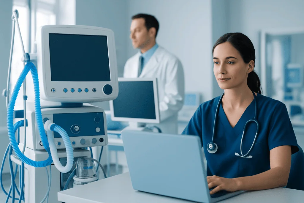 Healthcare professionals using medical technology in a hospital setting.