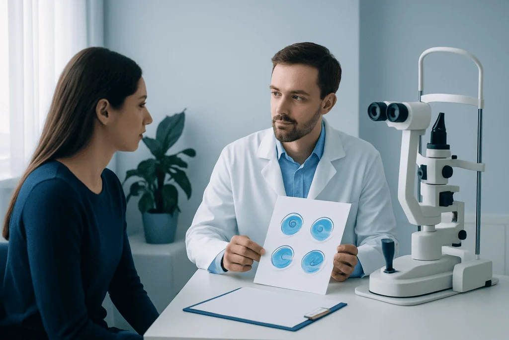 Ophthalmologist explaining eye diagrams to a patient in a clinic setting.