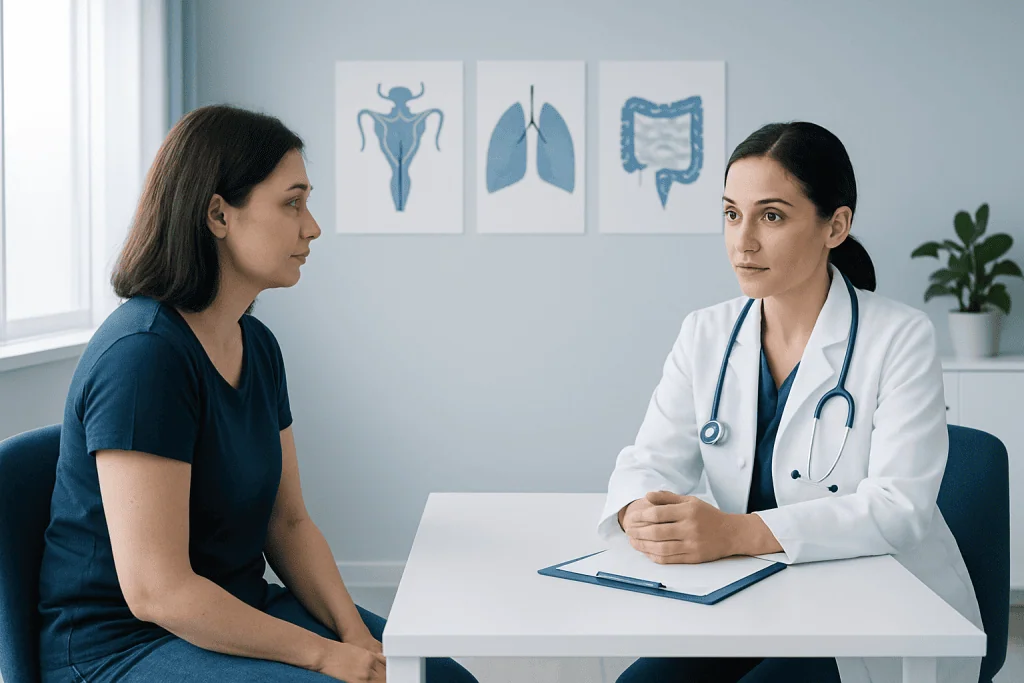 Doctor consulting patient about lung and digestive health.