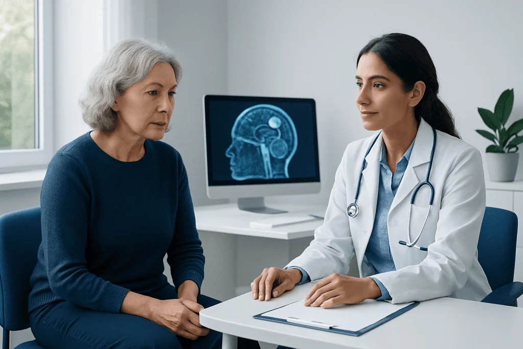 Doctor consulting with an elderly woman about neurological health.