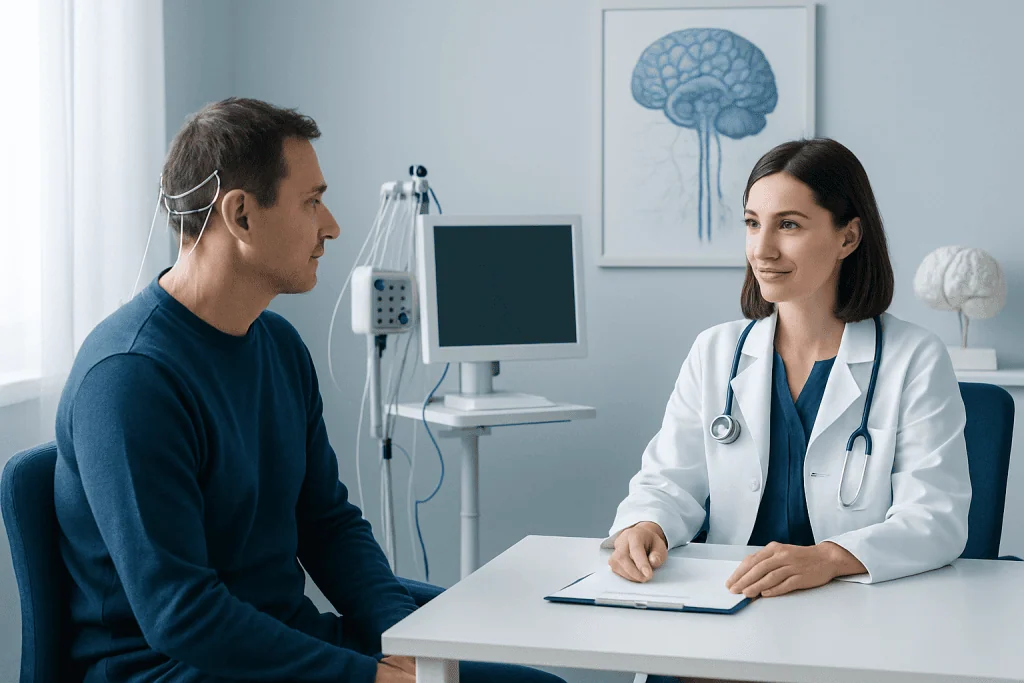 Doctor consulting patient in neurology clinic with brain diagram in background.
