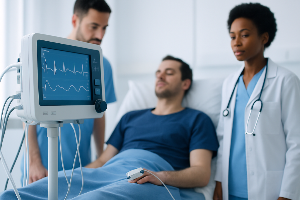 Medical professionals monitor patient with ECG in hospital room.