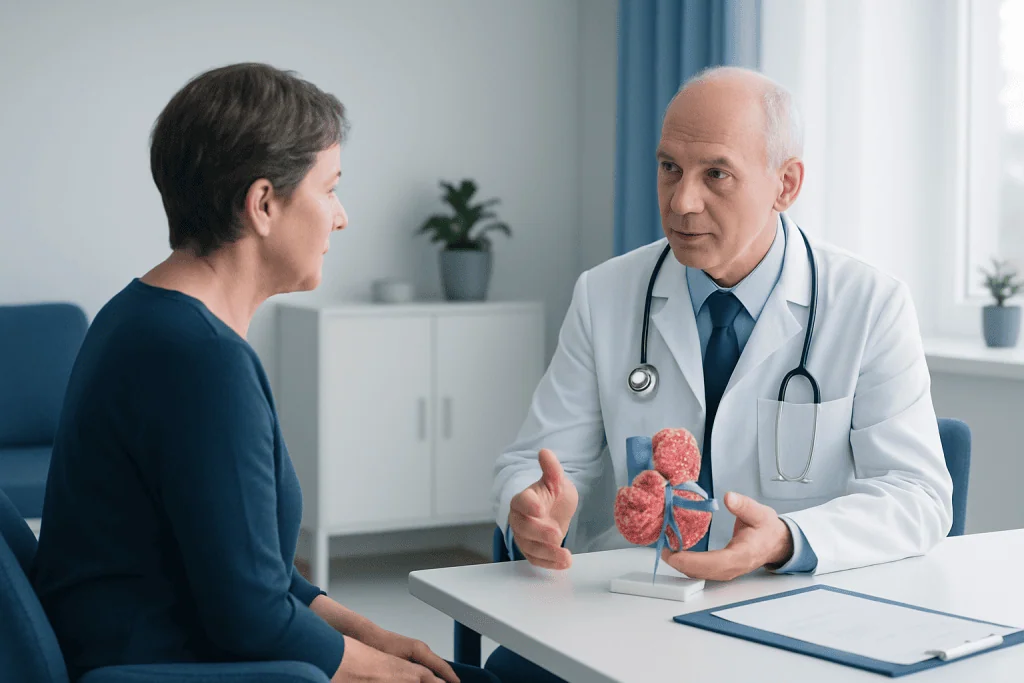 Doctor explaining cancer types to a patient with a model of cancer cells.