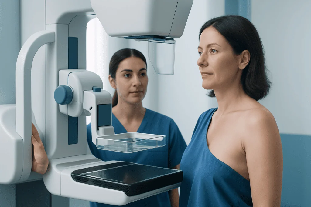 Woman undergoing mammogram with technician in a modern medical facility.