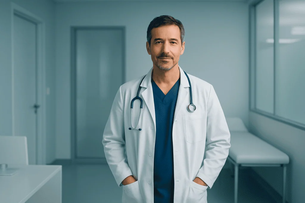 Managing Fatigue During Recovery During Spine Surgery Recovery for international patients? 1 Doctor in hospital corridor with stethoscope, healthcare professional image.