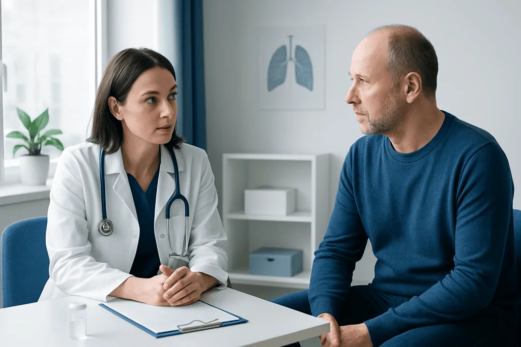 Doctor consulting with a male patient in a medical office setting.