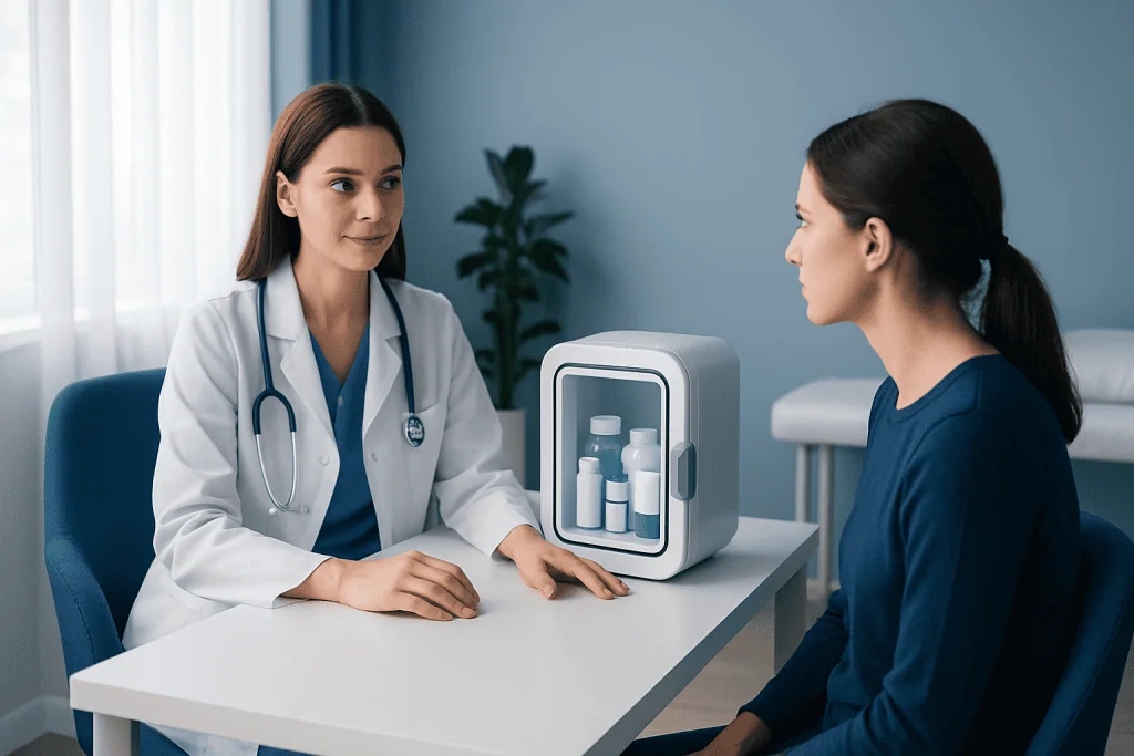 Doctor explaining medication storage to patient in a clinic setting.