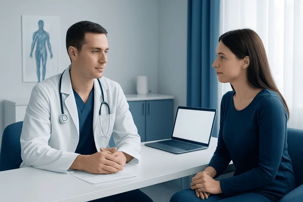 Doctor consulting with a patient in a medical office setting.