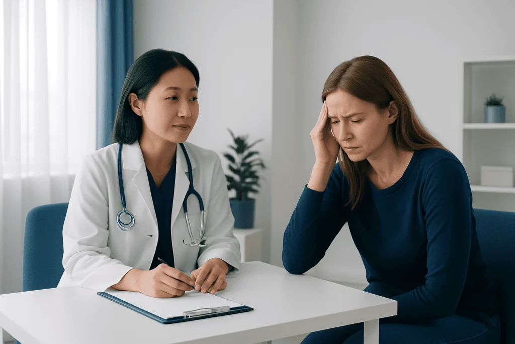 Doctor consulting with a woman experiencing headache at a clinic.