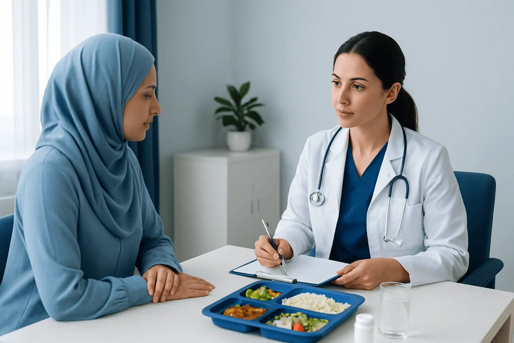 Doctor consulting with a Muslim woman patient in a hospital setting.