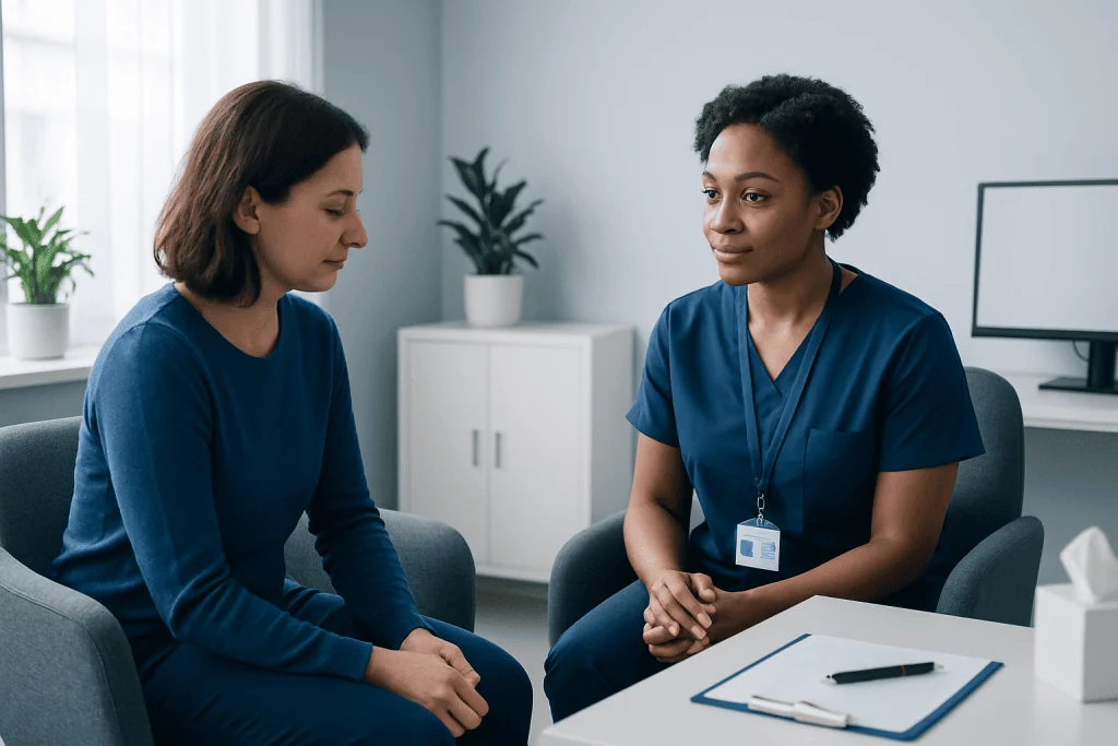 Therapist and patient in a counseling session at Acibadem Hospitals Group.