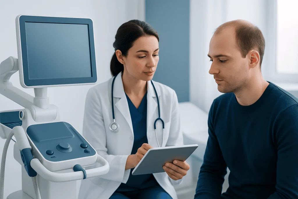 Doctor consulting with patient before hair transplant procedure.