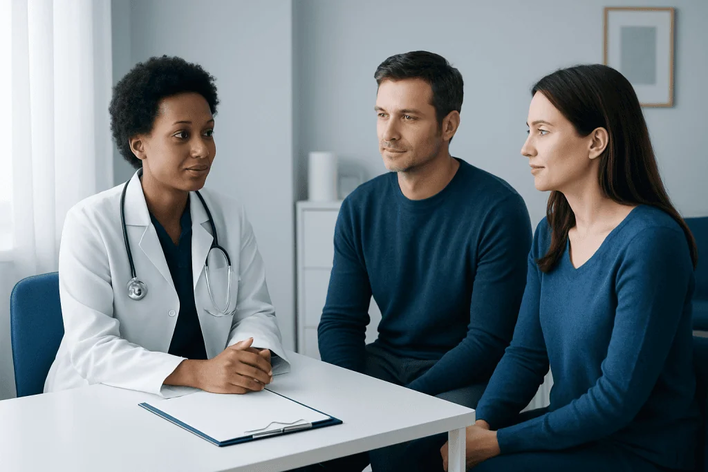 Doctor consulting with a couple about fertility and IVF preparation.