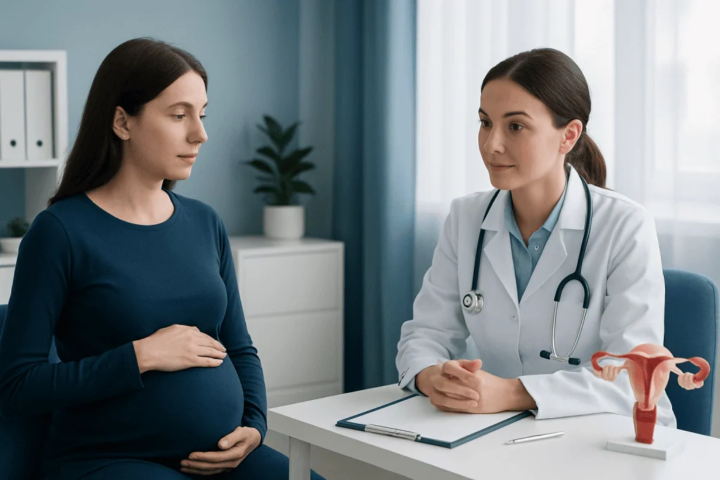 Pregnant woman consulting with a doctor in a medical office.
