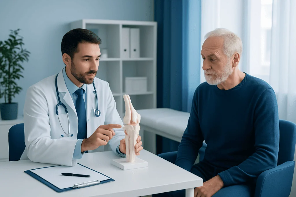 Orthopedic doctor explaining knee joint model to senior patient in clinic.