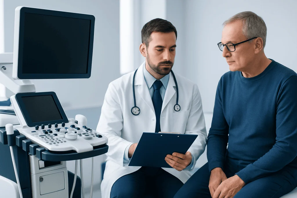 Doctor consulting with patient in a medical examination room.