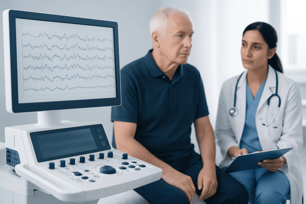 Doctor and patient during brain activity monitoring at Acibadem Hospital.