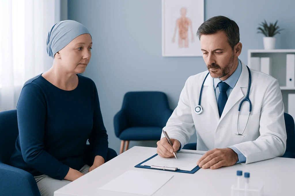 Doctor consulting with a female patient in a medical office.