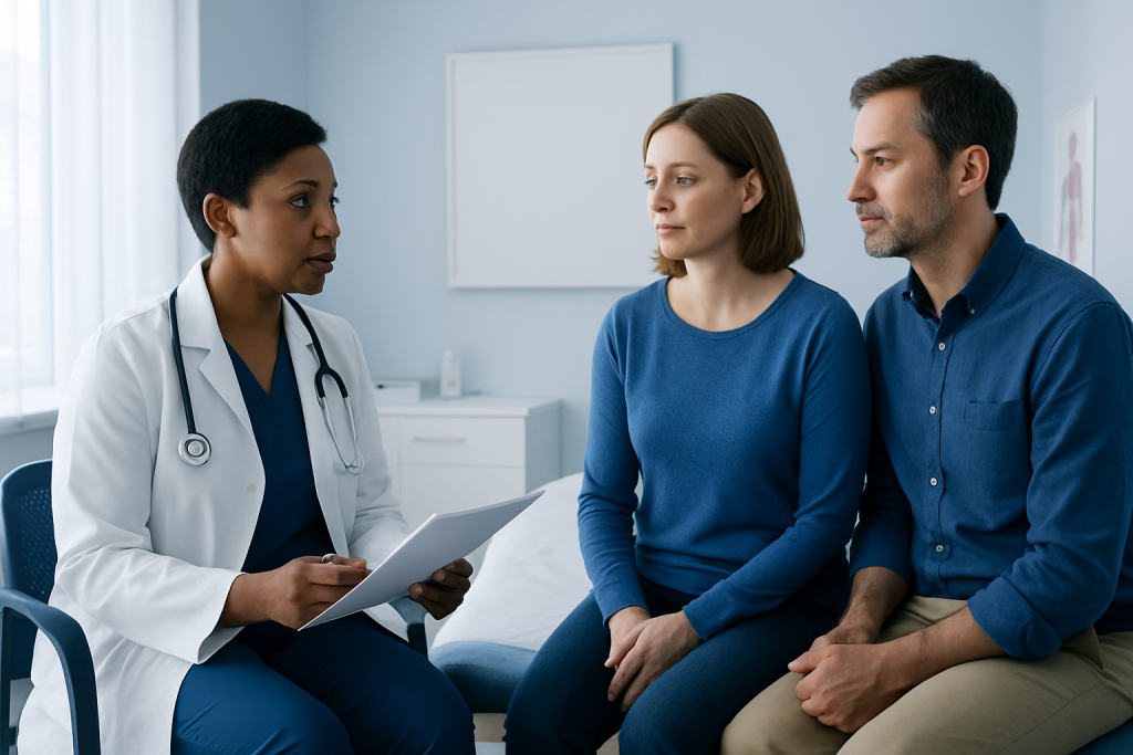 Doctor consulting with a patient and her partner in a medical office.