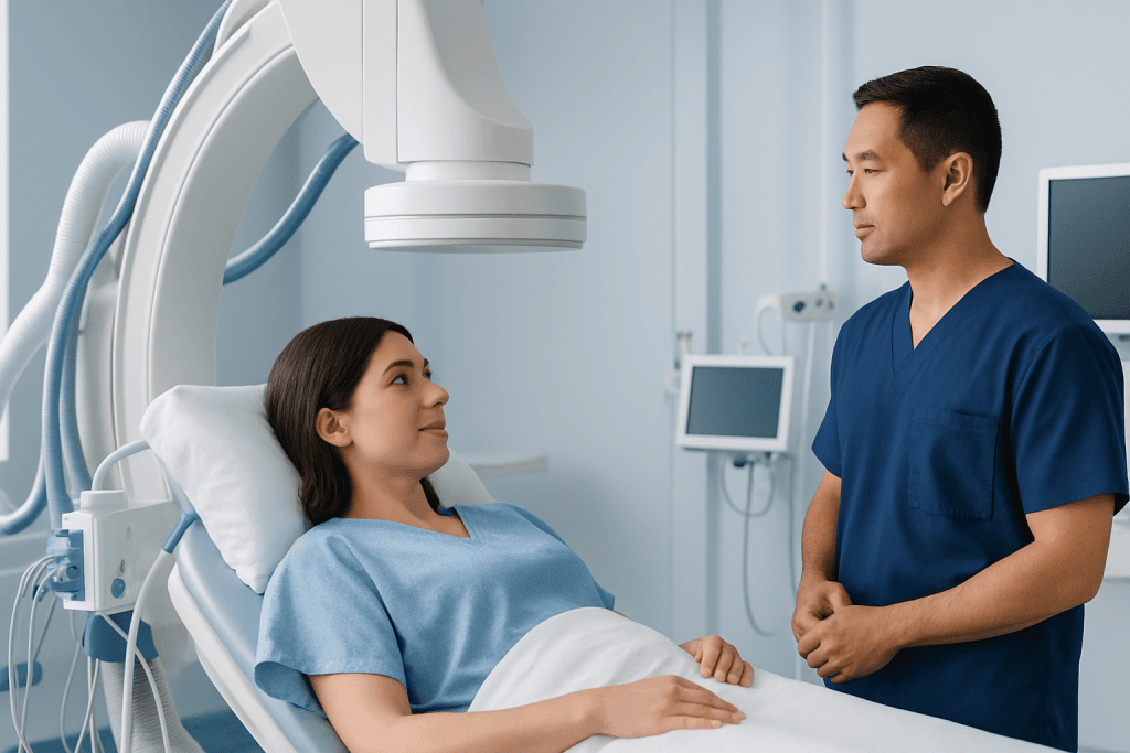 Patient and doctor discussing in a hospital room with medical equipment.