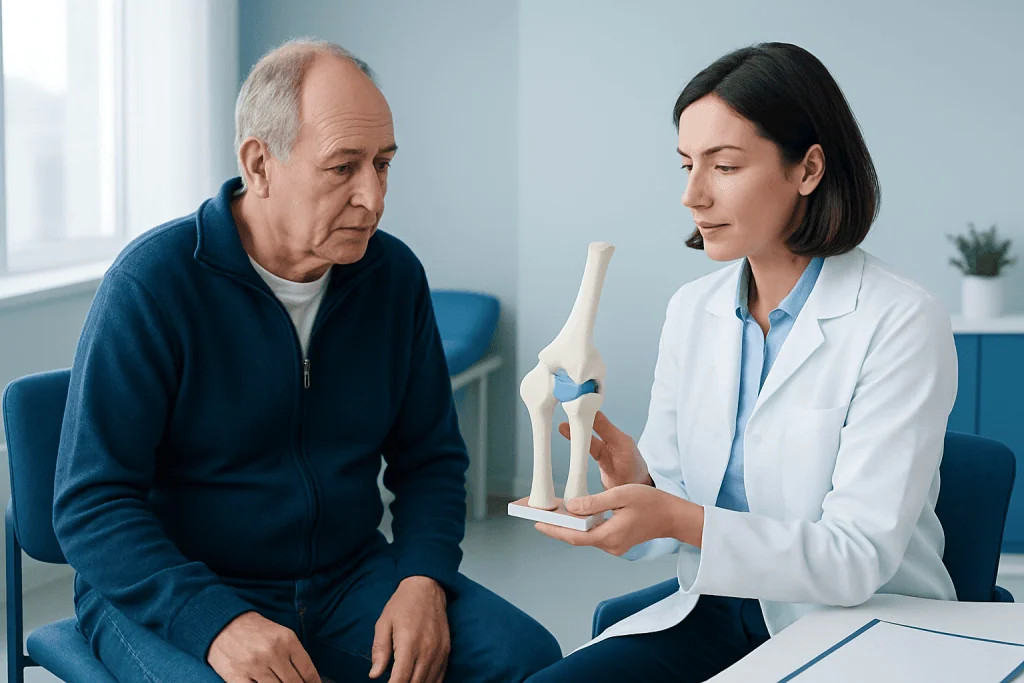 Doctor explaining knee joint model to elderly patient in clinic.