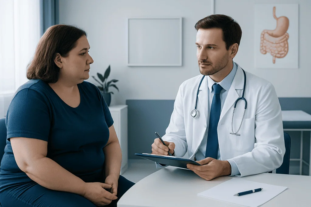 Doctor consulting with a patient about gastric bypass surgery preparation.