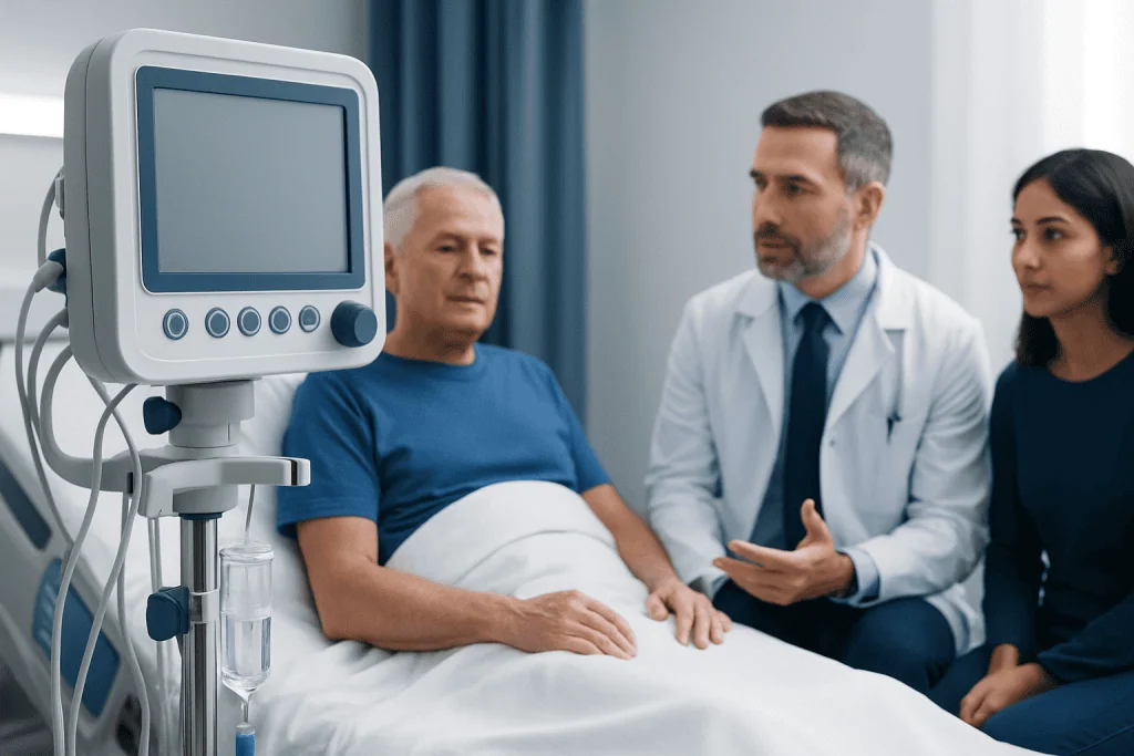 Doctor consulting with patient in hospital room with medical monitor.