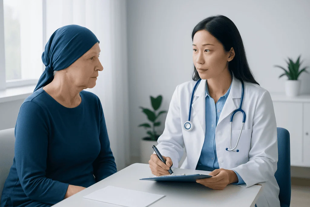 Doctor consulting with an elderly female patient in a medical office.