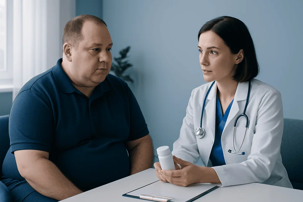 Doctor consulting with a patient about medication and health management.