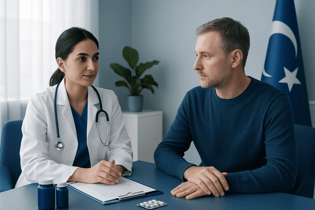 Doctor consulting patient about pre-surgery fasting guidelines at Acibadem Hospital.