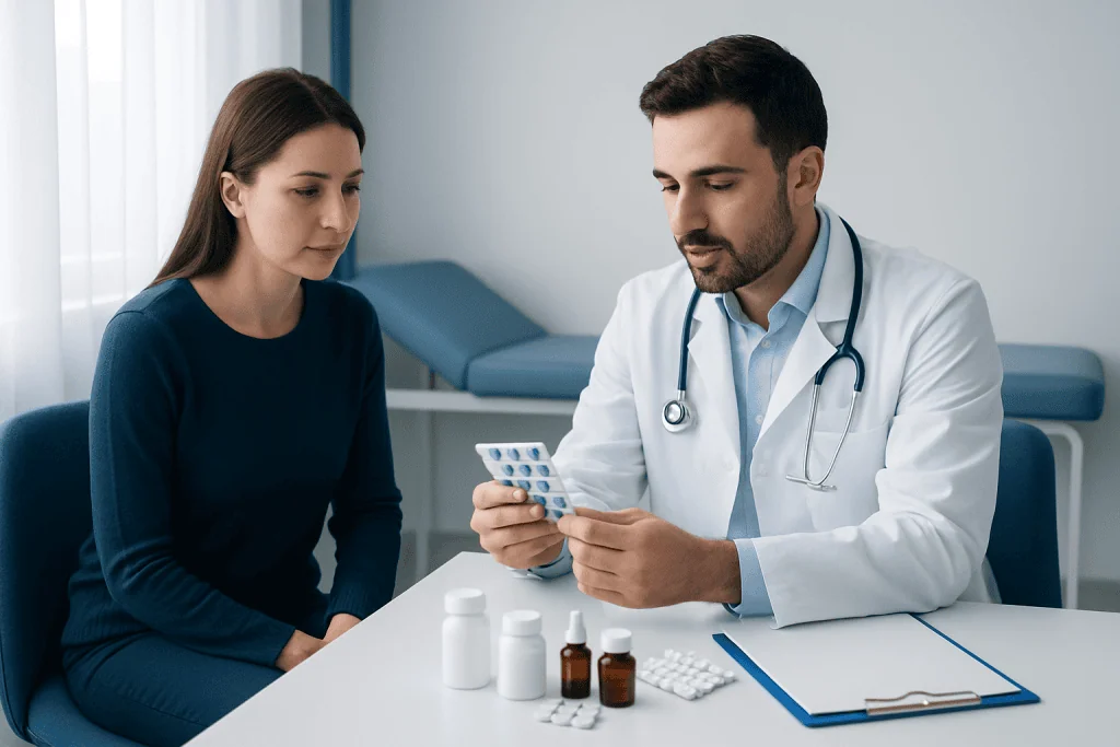 Doctor explaining medication to female patient in hospital room.
