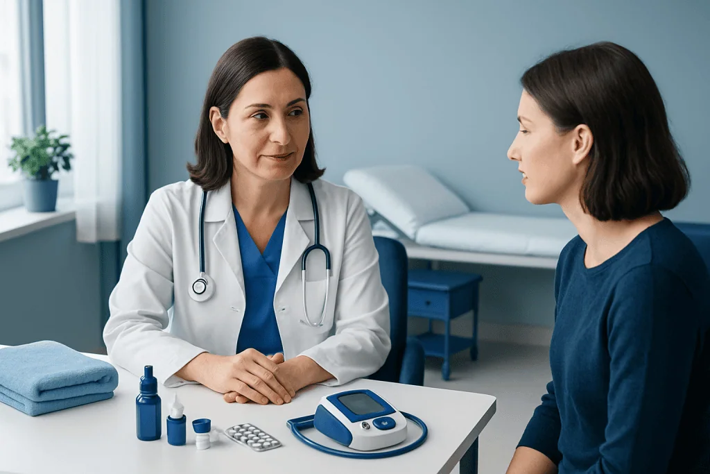 Doctor consulting patient in hospital room with medical equipment on table.