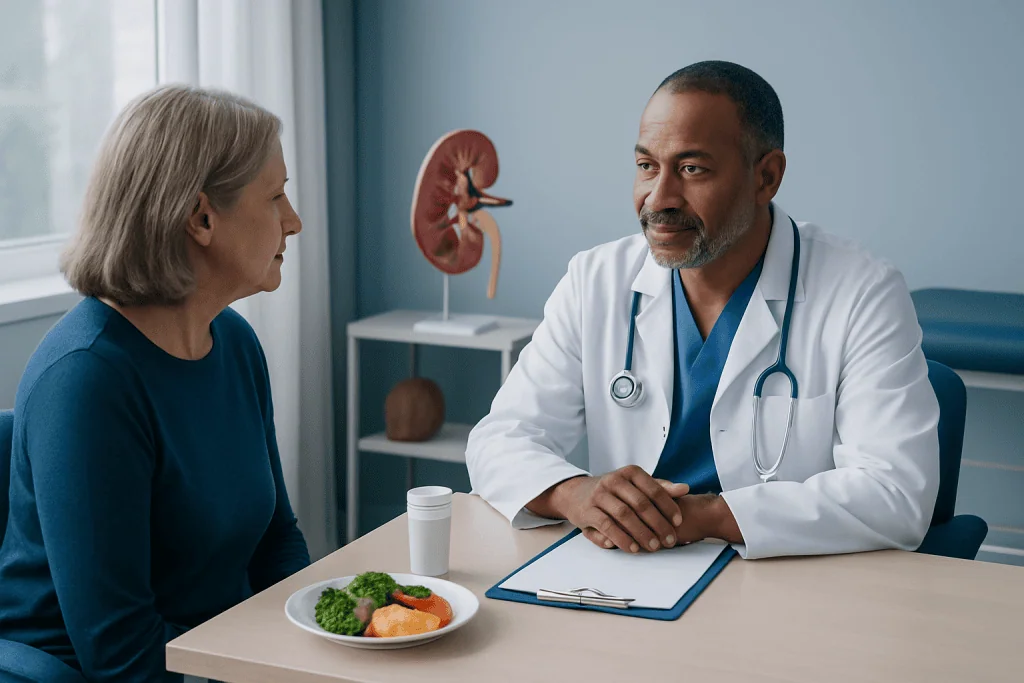 Doctor consulting with a female patient about kidney health in a hospital setting.