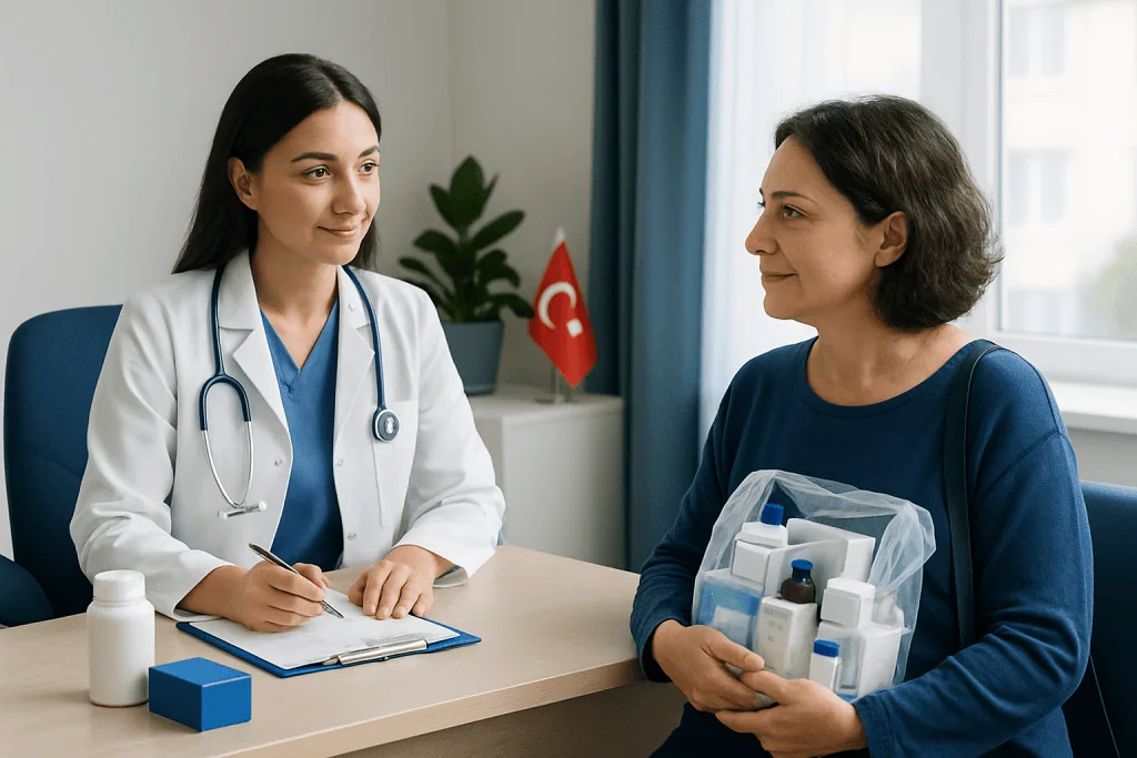 Medicines, dressings, and home-care supplies — discharge day in Turkey