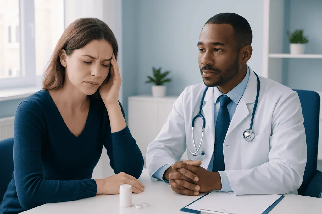 Woman consulting with doctor about migraine symptoms in a clinic setting.