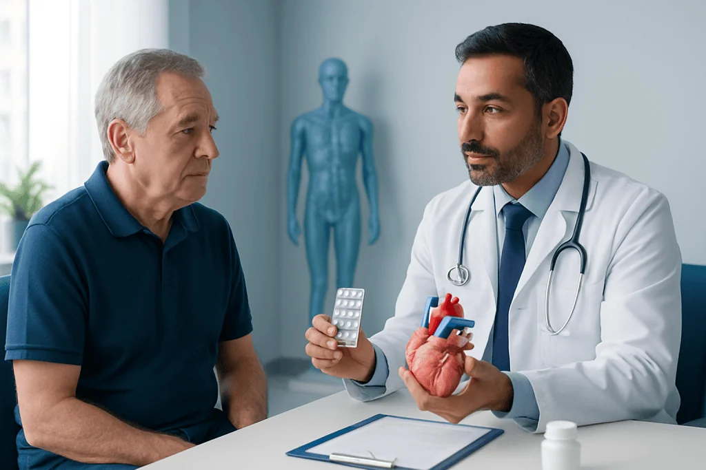 Doctor explaining heart health to an elderly patient in a medical office.