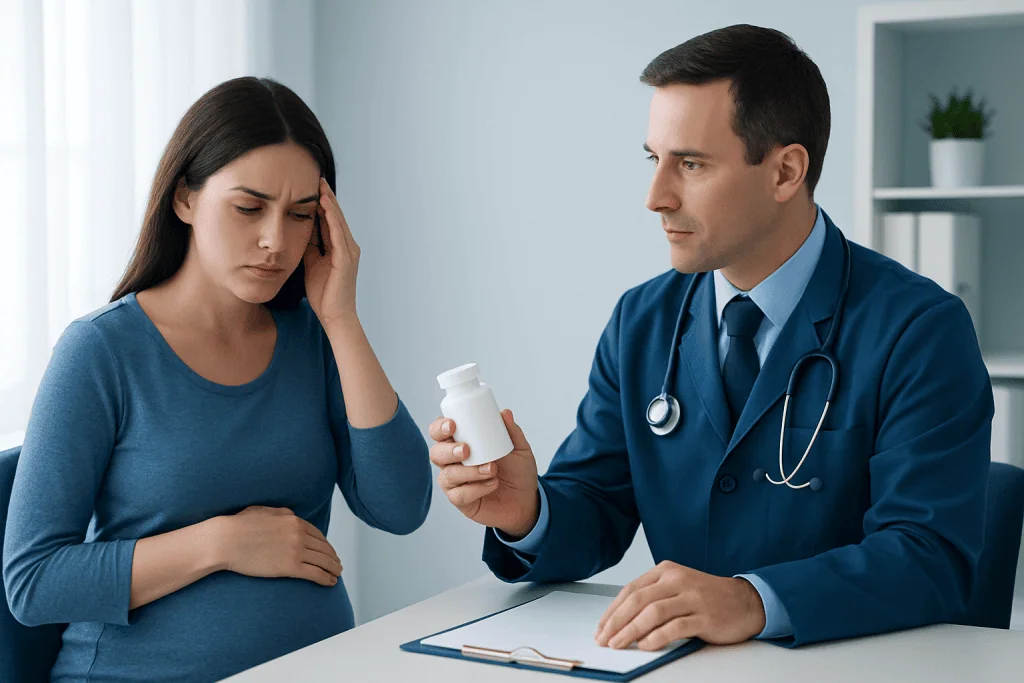 Pregnant woman consulting doctor about headache medication safety during pregnancy.