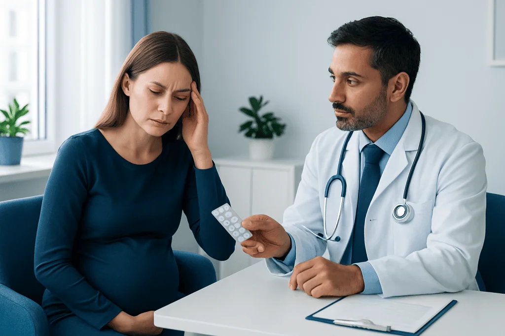 Pregnant woman consulting with doctor about headache medication safety during pregnancy.