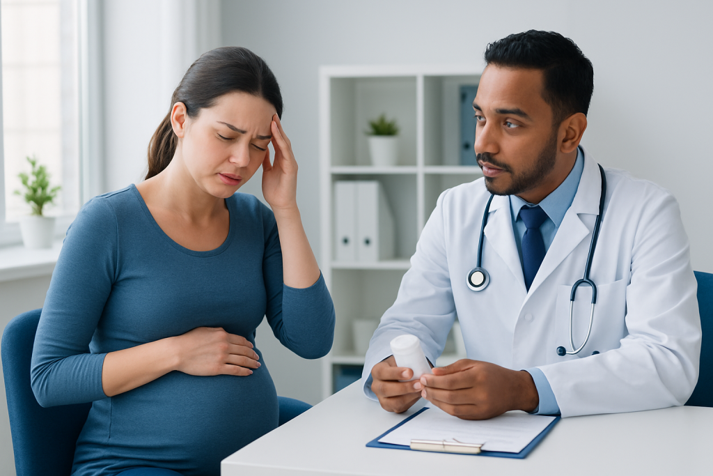 Pregnant woman consulting with doctor about headache medication safety during pregnancy.