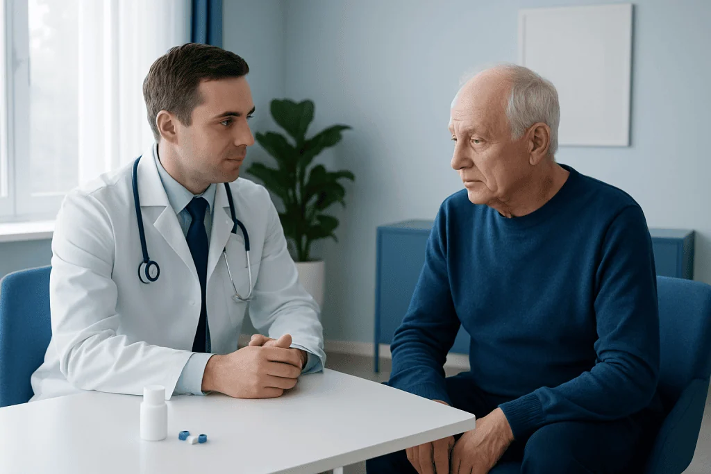 Doctor consulting with elderly patient in a medical office setting.