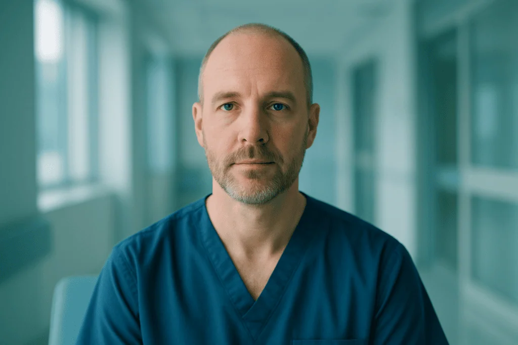 Medical professional in blue scrubs in a hospital corridor.