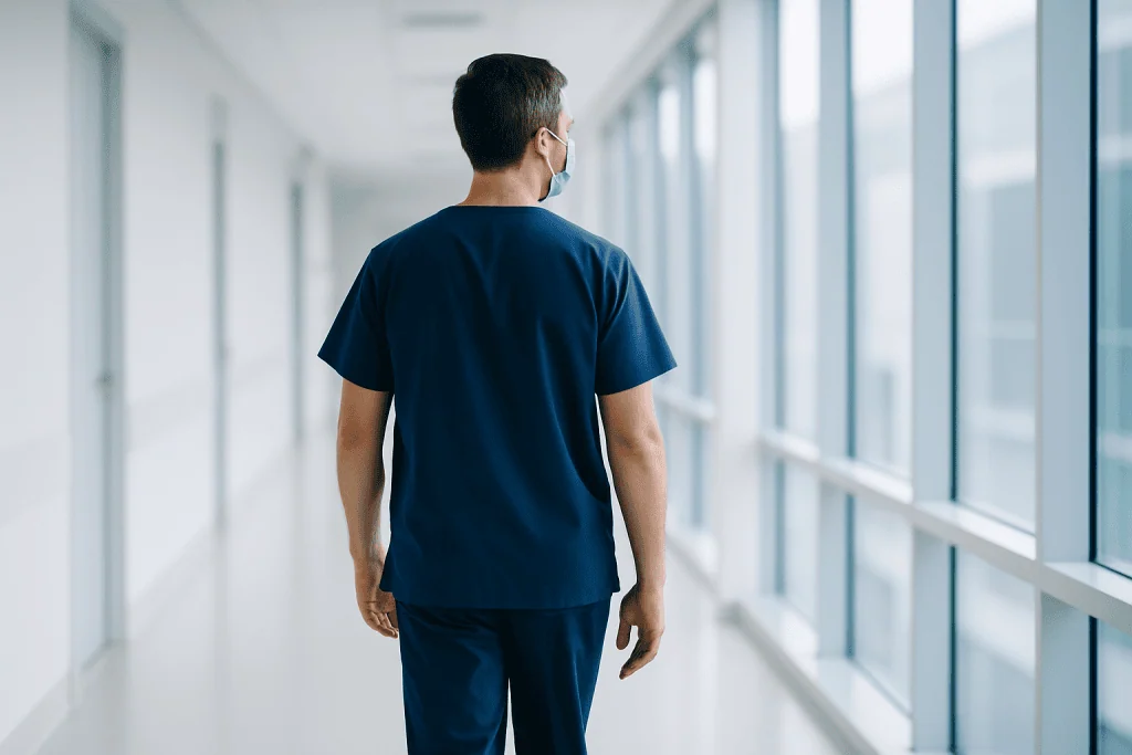 Meniscus Repair Surgery at Acibadem Hospital 1 Healthcare professional in blue scrubs walking in hospital corridor.