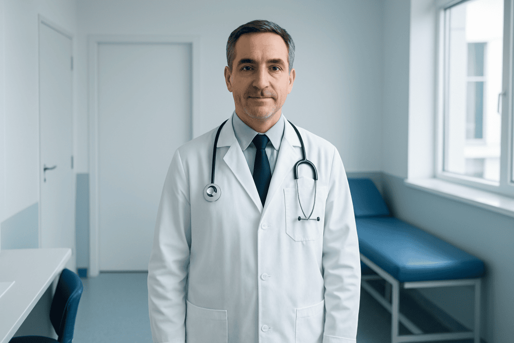 Meniscus Tears Can Occur at Any Age 1 Doctor in white coat with stethoscope in hospital room.