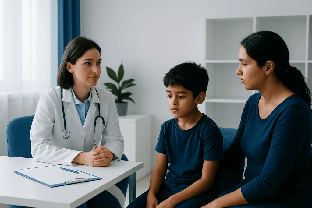 Doctor consulting with a mother and child in a medical office.